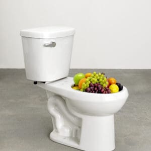 URS FISCHER Untitled, 2015 Porcelain toilet, glass, and fruit 30 1/4 x 17 1/2 x 27 3/4 inches 76.8 x 44.5 x 70.5 cm Edition of 2 + 1 AP © Urs Fischer Courtesy the artist and Gagosian
