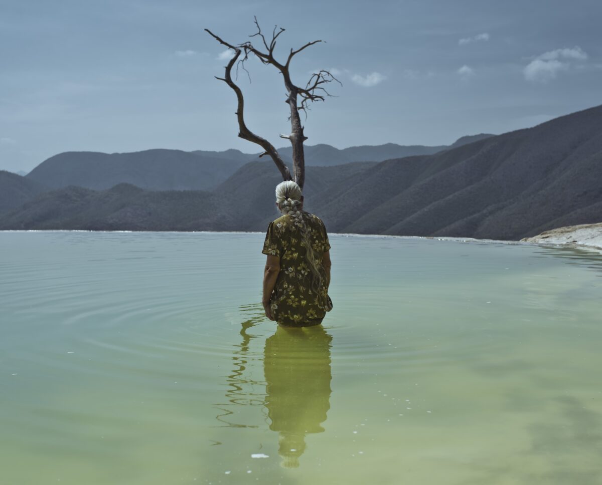 Colour photograph of the back of a grey- haired individual stood in the middle of a green body of water looking out to the surroundings.