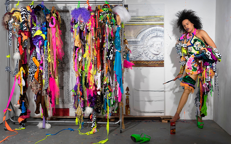 Quilla Constance Hybrid Costume-Painting-Performance Installation – in her studio, 2020