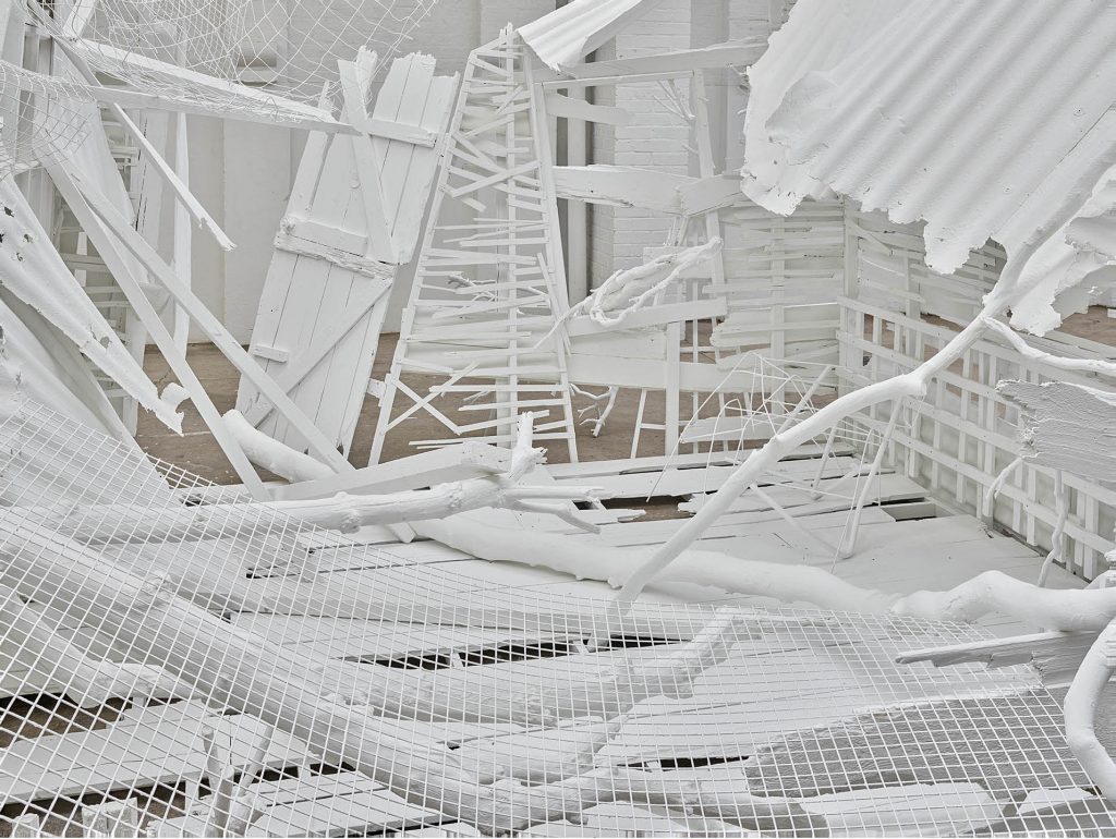 RACHEL WHITEREAD Poltergeist, 2020 (detail) Corrugated iron, beech, pine, oak, household paint, and mixed media 120 1/16 x 110 1/4 x 149 5/8 in 305 x 280 x 380 cm © Rachel Whiteread Photo: Prudence Cuming Associates Courtesy Gagosian