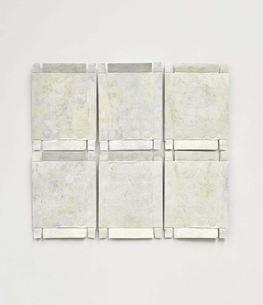 RACHEL WHITEREAD Untitled (Yellow Relief), 2020-2021 Hand-painted bronze, in 6 partsoverall: 39 3/4 x 44 11/16 x 1/16 in 101 x 113.5 x 0.2 cm each part: 19 3/4 x 14 9/16 x 1/16 in50.2 x 37 x 0.2 cm © Rachel Whiteread Photo: Prudence Cuming Associates Courtesy Gagosian