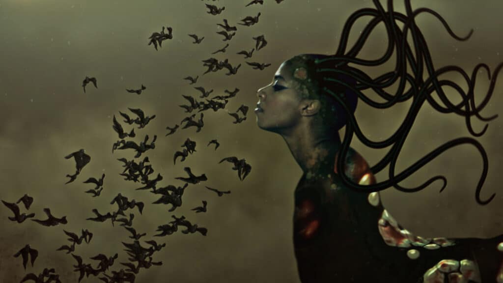 Wangechi Mutu, The End of eating Everything, 2014 Video animation 8:10 minutes Courtesy of the Artist, Gladstone Gallery, New York and Brussels, and Victoria Miro, London. Commissioned by the Nasher Museum of Art at Duke University, Durham, NC