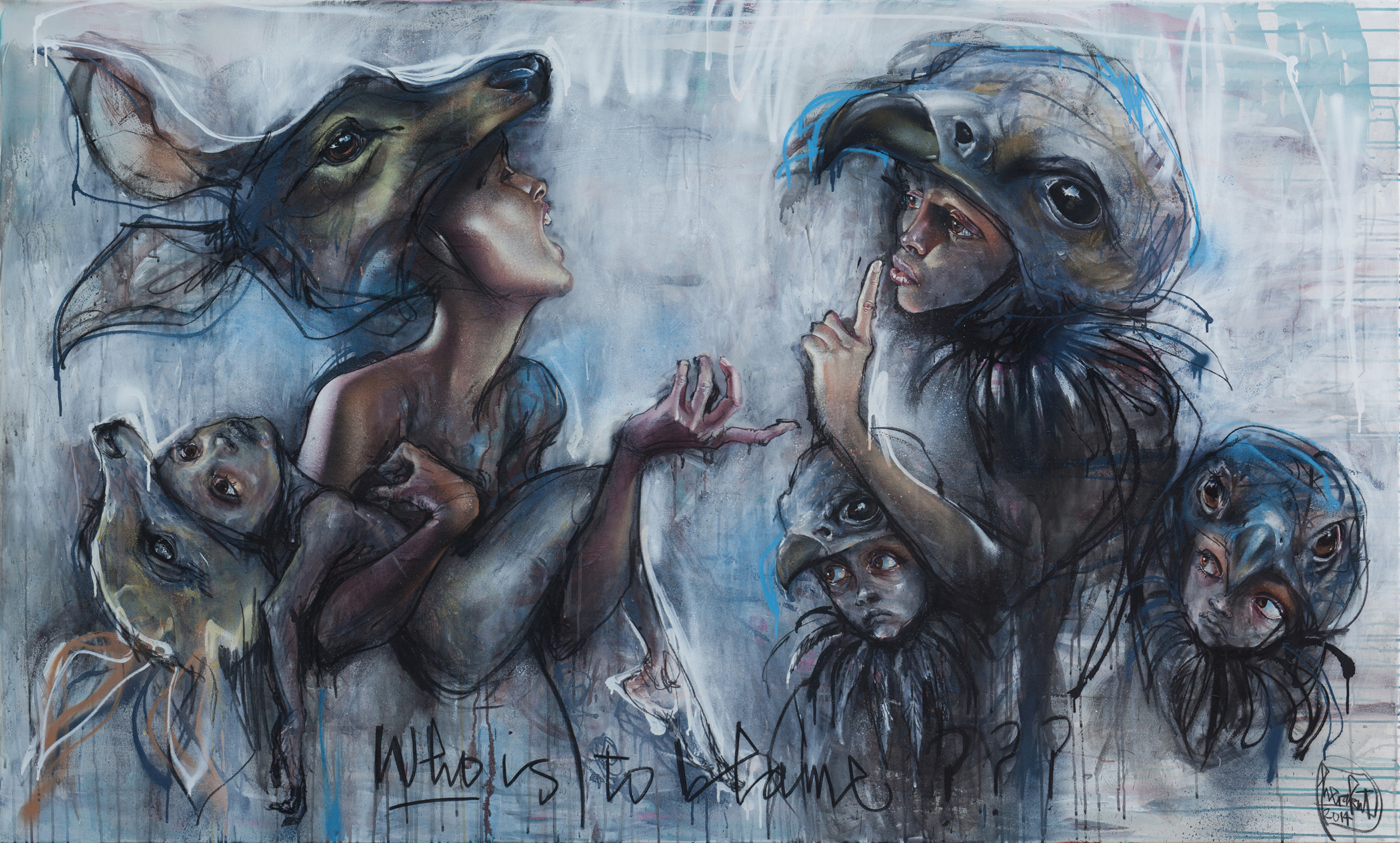 HERAKUT 'Who Is Too Blame' Spraypaint + acrylic paint + charcoal on canvas - 47 x 78.5