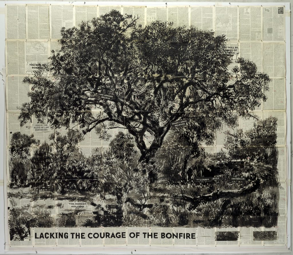 William Kentridge Untitled (Lacking the Courage of the Bonfire), 2019 Indian ink on found pages 174 x 200 cm © the artist 2020 Courtesy the artist and Goodman Gallery Photo: Thys Dullart