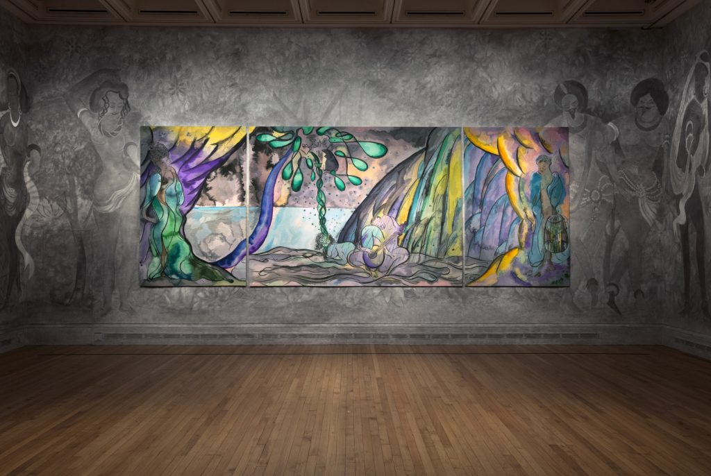 Chris Ofili The Caged Bird's Song, 2014–2017 Wool, cotton and viscose Triptych, left and right panels each 280 x 184 cm; centre panel 280 x 372 cm Installation view, Chris Ofili: Weaving Magic, National Gallery, 26 April – 28 August 2017 © Chris Ofili. Courtesy the artist and Victoria Miro, London, The Clothworkers’ Company and Dovecot Tapestry Studio, Edinburgh. Photography: Gautier Deblonde