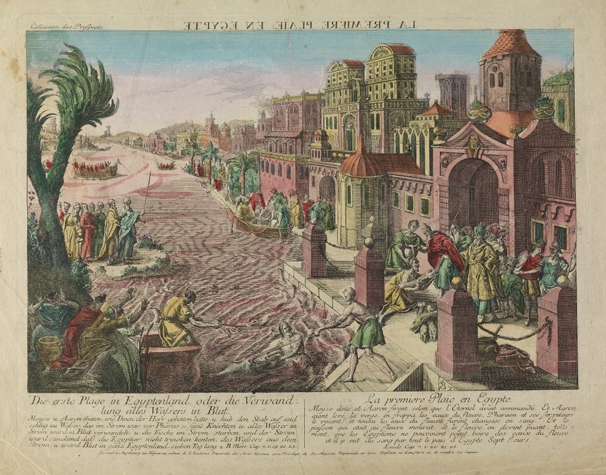 V0010560 The first plague in Egypt, rivers turned to blood. Credit: Wellcome Library, London. Wellcome Images images@wellcome.ac.uk http://wellcomeimages.org The first plague in Egypt, rivers turned to blood. Coloured etching. Lettering: Die erste Plage in Egyptenland, oder die Verwandlung alles Wassers in Blut. ... 2. Mose cap. 7.v.19, 20, 25. La premiere plaïe en Egypte. ... Exode cap. 7.v.20, 21, 25. The lettering above is in French and reversed. Lettering continues with paragraphs describing the particular plague. Coloured etching 1775/1779 Published: [1775/1779] Copyrighted work available under Creative Commons Attribution only licence CC BY 4.0 http://creativecommons.org/licenses/by/4.0/