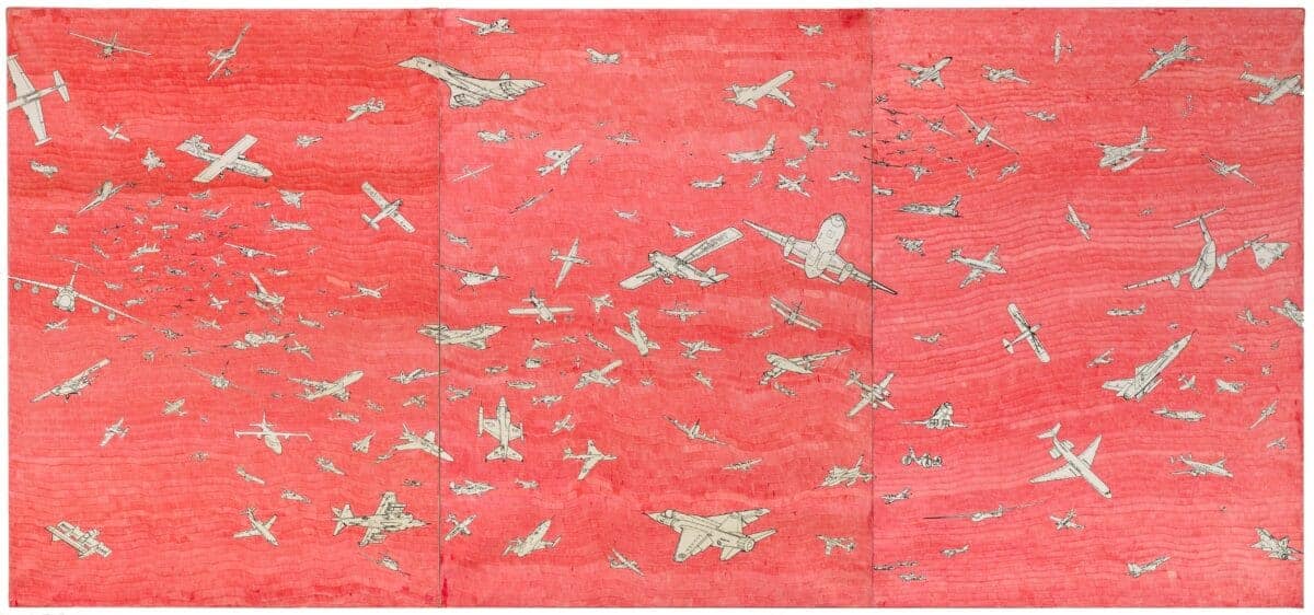 Alighiero Boetti ‘Aerei’ (Planes), c. 1987 – Ballpoint pen on paper laid down on canvas 3 parts, 139 x 100 cm each