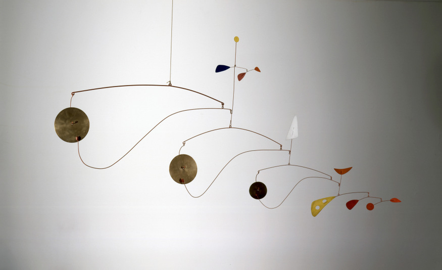 Triple Gong, ca. 1948. Brass, sheet metal, wire, and paint, 39 x 75 x 2 3/4 in.