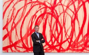 Sir Nicholas Serota in front of one of Twombly's Bacchus paintings. Photp: Justin Tallis/PA