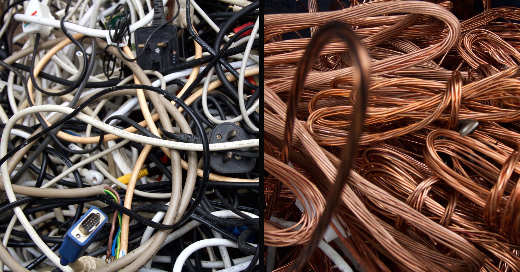 diptych of wires in Sham Shui Po, Hong Kong. Wires are stripped of their insulation to get to the metals that are then sold on for money. FAD Magazine 