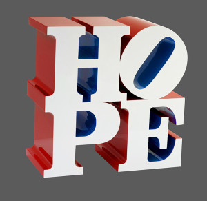 HOPE, (White/Blue/Red) by Robert Indiana. Courtesy the artist and ContiniArtUK