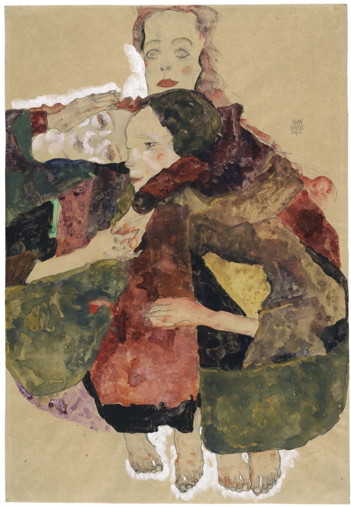 Egon Schiele, Group of Three Girls, 1911 Pencil, watercolour and gouache with white gouache heightening on packing paper, 44.7 x 30.8 cm The Albertina Museum, Vienna Exhibition organised by the Royal Academy of Arts, London and the Albertina Museum, Vienna