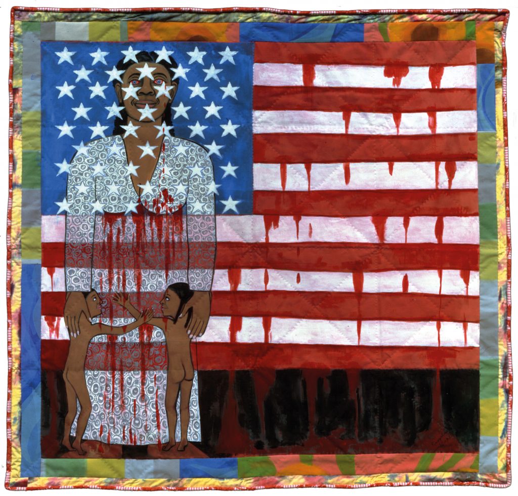 Faith Ringgold,The Flag is Bleeding #2 (American Collection #6), 1997 Acrylic on canvas, painted and pieced border 193 x 200.7 cm Private collection, courtesy Pippy Houldsworth Gallery, London © 2018 Faith Ringgold / Artists Rights Society (ARS), New York