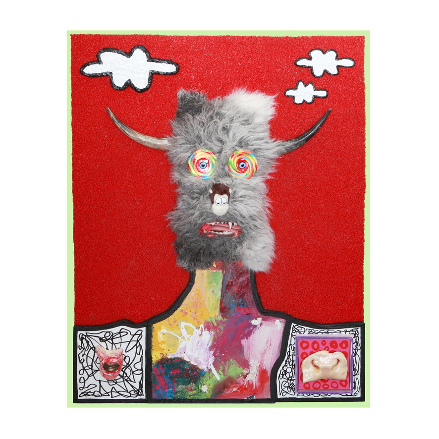 James Ostrer_Clouded Thoughts_Cow horns, sheep skin, bronze lips, deep fried cow nose, plastic jaw set, stuffed toy head, glass eyes, floor matting from Turkey, enamel paint, spray paint, marker, canvas and wood_150 x 120 x 15 cm.JPG