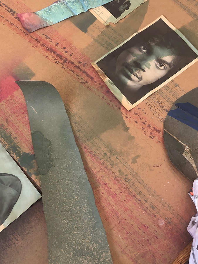 Eric N Mack Studio floor, 2020. A magazine tear receiving dye (image of Prince by Robert Mapplethorpe, Interview Magazine, 1972)