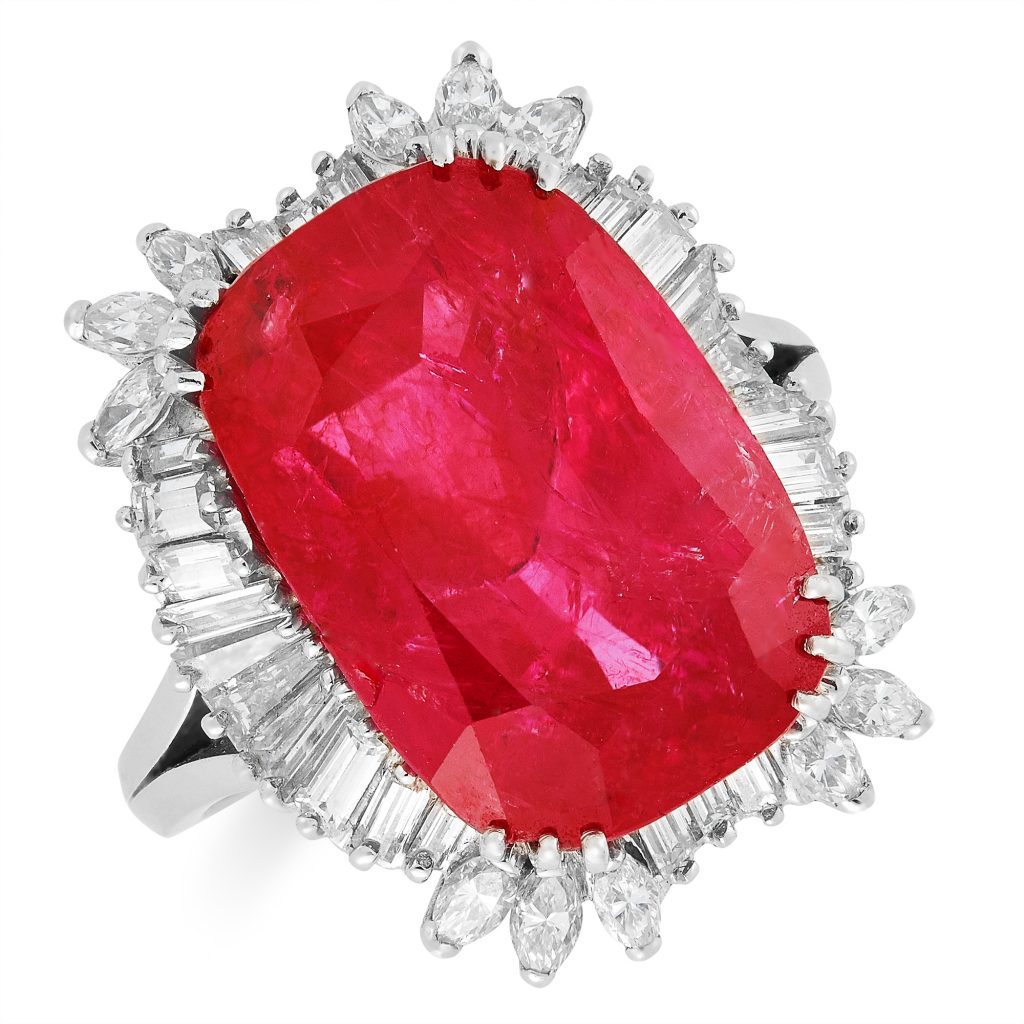 14.67 carat Cushion Cut Burmese Ruby Ring. Elmwood’s Auction House, 2019.