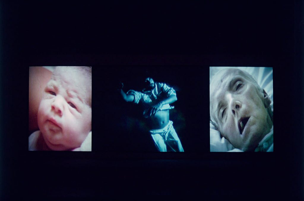 Bill Viola, Nantes Triptych, 1992. Three-channel colour video triptych, free text 3.2 x 2.3m, 3.2 x 4m, 3.2 x 2.3m, duration 00:29:46. Courtesy Bill Viola Studio.