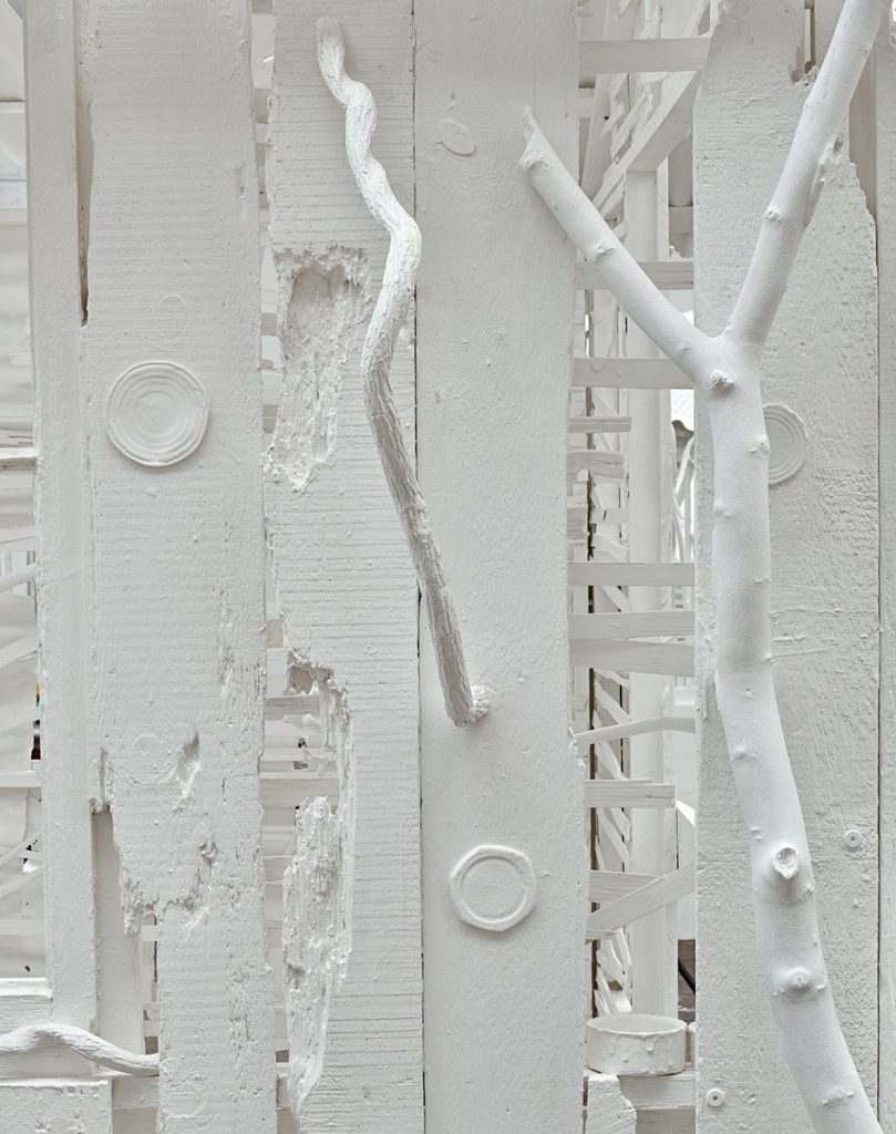 Rachel Whiteread, Poltergeist , 2020 (detail), corrugated iron, beech, pine, oak, household paint, and mixed media, 120 1/8 × 110 1/4 × 149 5/8 inches (305 × 280 × 380 cm) © Rachel Whiteread. Photo: Prudence Cuming Associates