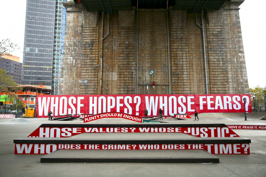 Barbara Kruger, Untitled (Skate), at Coleman Skatepark, NYC. A Performa Commission for Performa 17. Photo © Paula Court. Courtesy of Performa.