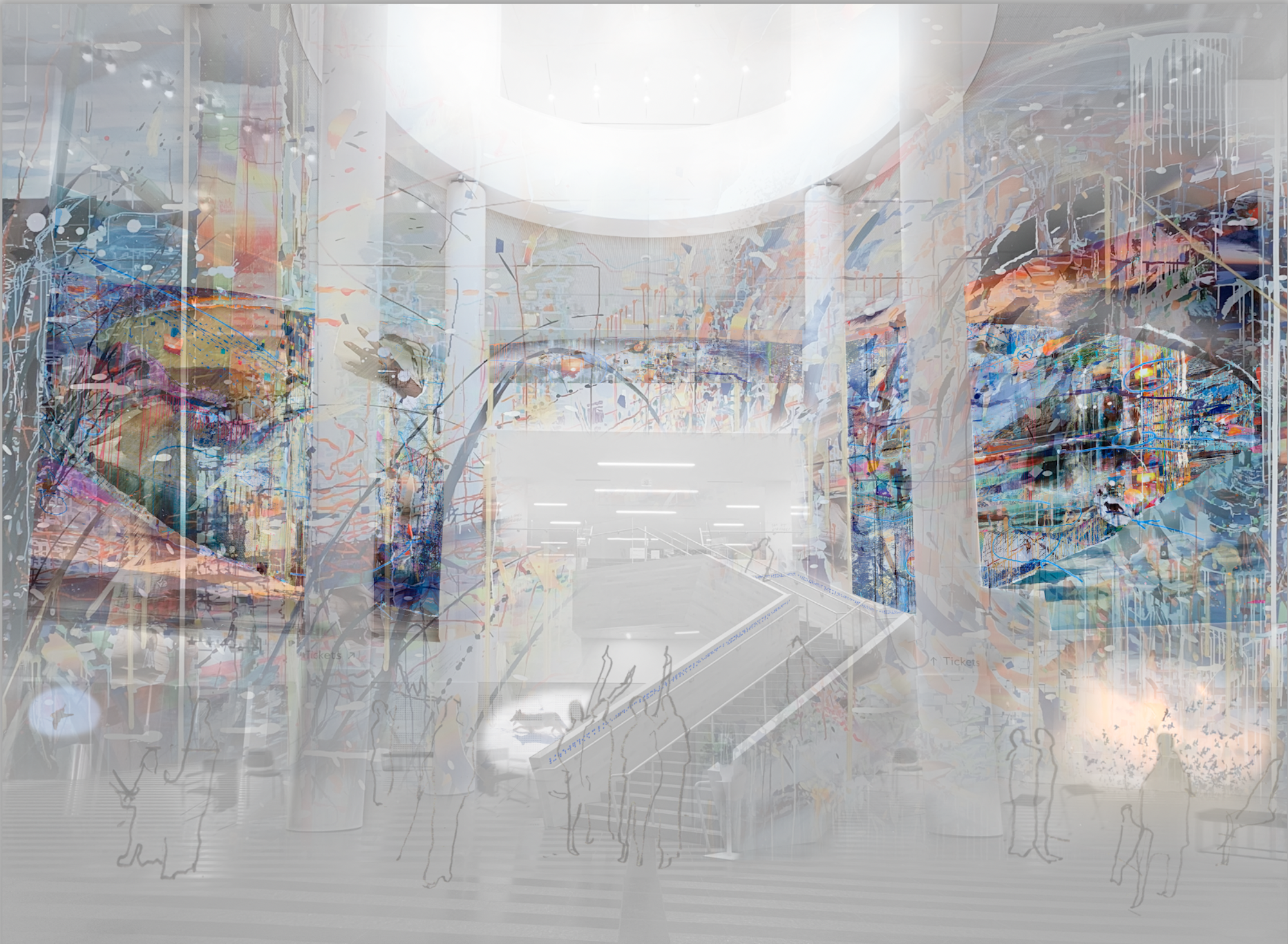 This rendering depicts the large, bright interior atrium of a modern ...