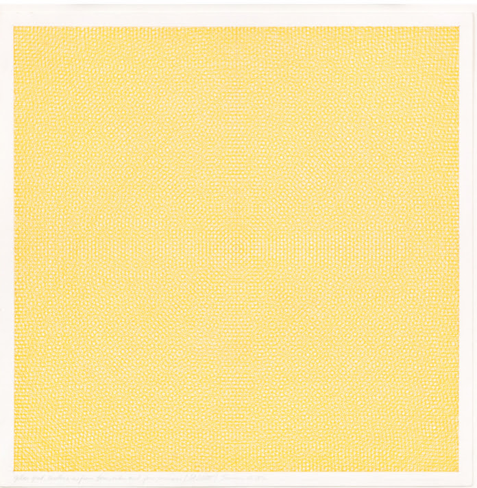 Image: Sol LeWitt, Yellow Grid, Circles and Arcs From Four Sides and Four Cor- ners, 1972, ink on paper, 18 5/8 x 18 9/16 x 1 5/16 inches (47.3 x 47.1 x 3.3 cm). © 2018 The LeWitt Estate / Artists Rights Society (ARS), New York. Courtesy Paula Cooper Gallery, New York and Vito Schnabel Gallery, St. Moritz. Photo: Steven Probert.