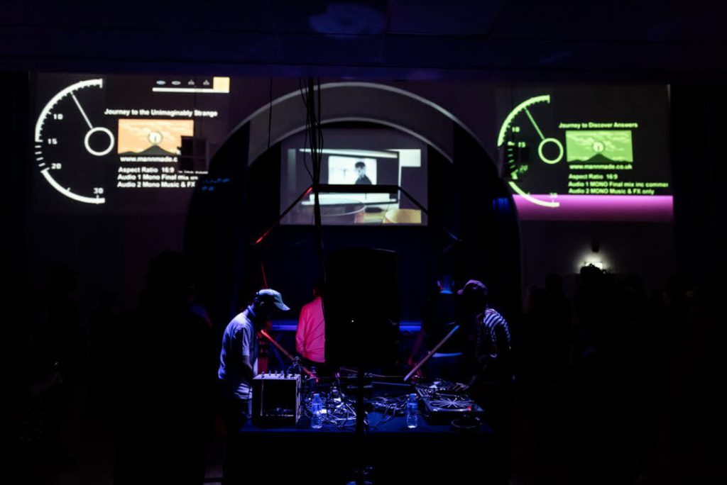 Haroon Mirza and Jack Jelfs performing, Last Dance: The Wave Epoch, by Haroon Mirza, Jack Jelfs with Elijah and GAIKA. Commissioned by Lighthouse for Brighton Festival 2018. Photo: Xav Clarke.