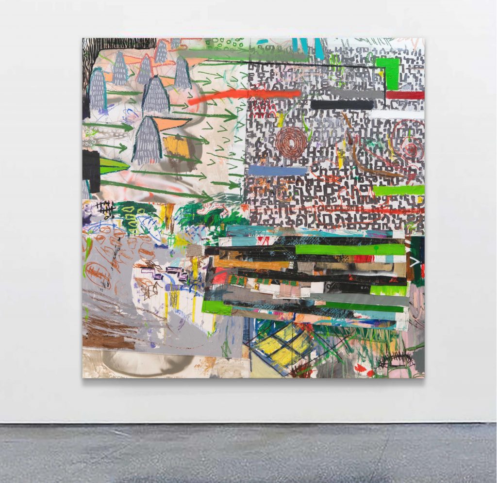 Wendimagegn Belete - Moment (17), 2020 | Acrylic, pastel, oil stick, textile, embroidery, spray and collage on canvas | 180 x 180 cm, 70 7/8 x 70 7/8 in FAD MAGAZINE