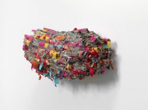 Phyllida Barlow, untitled: pressed, 2018 Cardboard, cement, PVA, paint, plaster, plywood, poly cotton, polyurethane foam, sand, spray paint, tape, timber, steel, 69 x 120 x 58 cm Courtesy the artist and Hauser & Wirth © Phyllida Barlow. Photo: Alex Delfanne