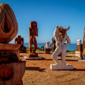 Sculptures in progress outdoors at Thomas Houseago’s Ranch Studio, Malibu, California, 2024. Photo by Joshua White