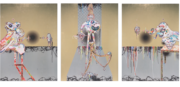 Artwork: Homage to Francis Bacon (Second Version of Triptych (on light ground)), 2016 Acrylic, gold and platinum leaf on canvas mounted on aluminum frame Triptych (3 panels) 197.8 × 147.5 × 5.1 cm / 777/8 × 581/16 × 21/16 in (each) ©2016. Takashi Murakami/Kaikai Kiki Co., Ltd. All Rights Reserved. Courtesy Perrotin