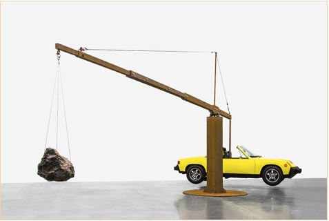 Chris Burden, Porsche with Meteorite, 2013, restored 1974 Porsche 914, 390-pound meteorite, and steel structure © Chris Burden/Licensed by the Chris Burden Estate and Artists Rights Society (ARS), New York