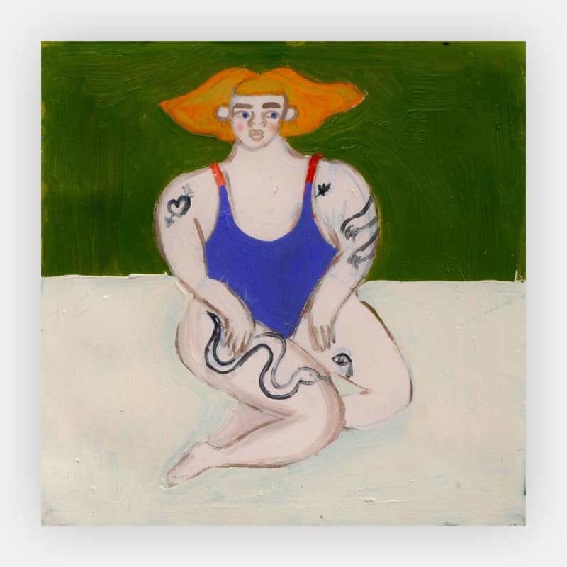 Sophie Vallance CantorSelf Portrait with Blue Swimsuit, 2022Oil on paper25 x 25 cm