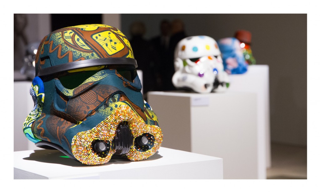YINKA SHONIBARE MBE ‘IPod Invader’, 2013 Acrylic Capped ABS Storm Trooper helmet 310 x 310 x 325 mm Glass beads, Dutch wax African cotton textile Signed by Yinka Shonibare MBE Asking price: £8,000