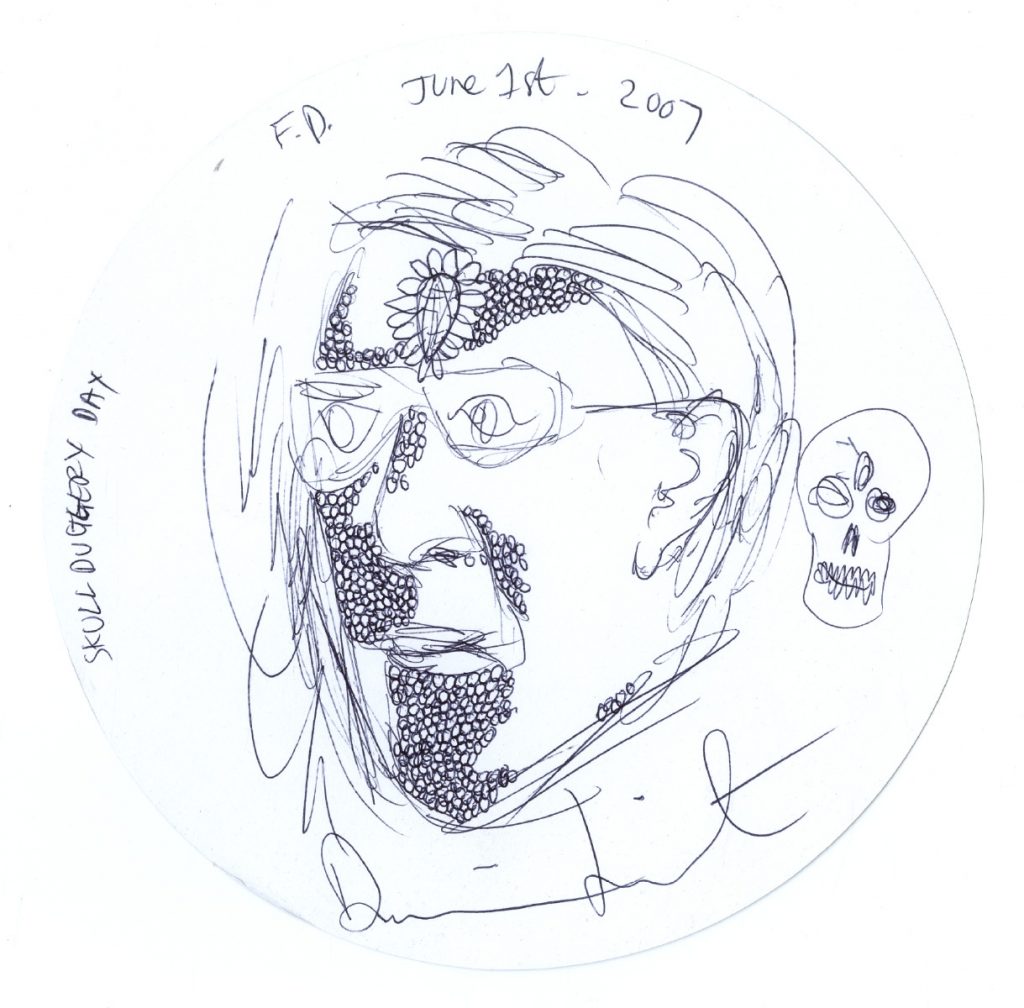 Damien Hirst?untitled (portrait of frank)?signed and dated 29/06/04?pencil on placemat?diameter: 22cm.