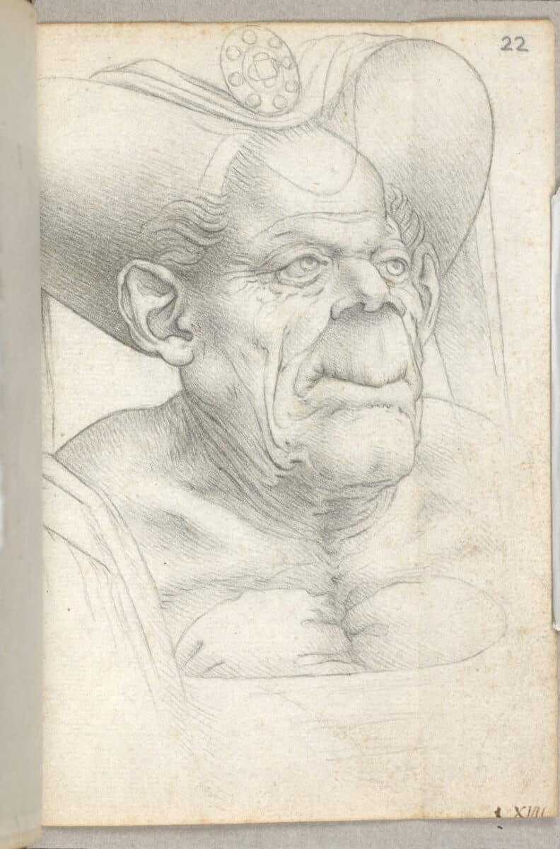 Leonardo da Vinci A Grotesque Old Woman, drawn in the last decades of the 16th century and later bound to a 1669 copy of Rabelais's work(Book) Black chalk, leadpoint, or graphite on paper13.5 x 8.3 cmSpencer Collection, The New York Public Library, Astor, Lenox and Tilden Foundations© The New York Public Library, New York