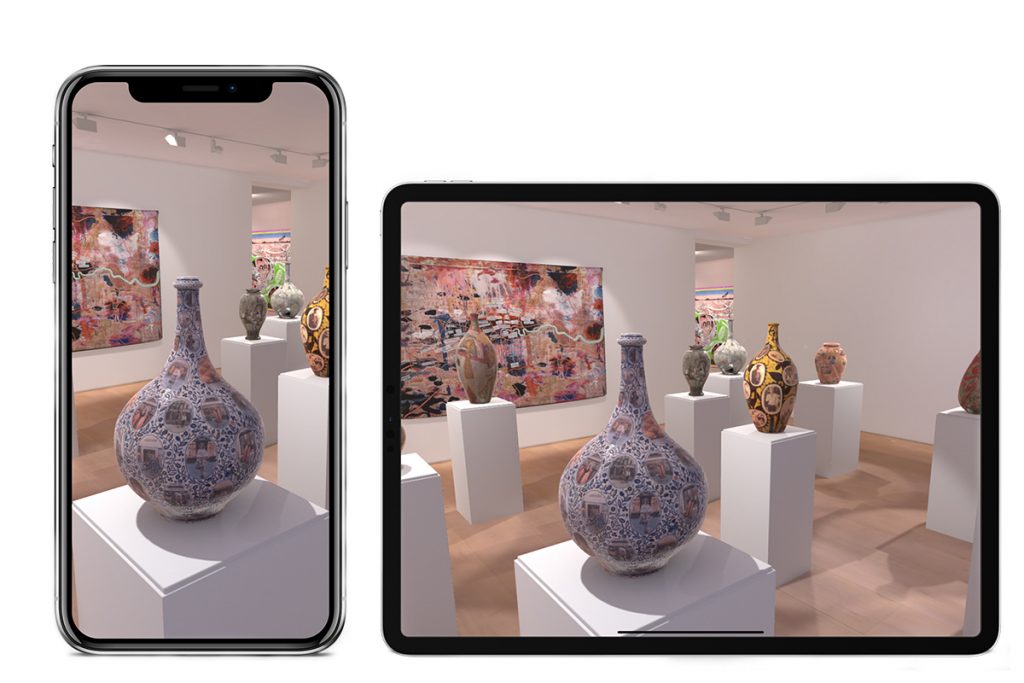 ‘A mockup of the Vortic Curate App showing a VR representation or Grayson Perry's exhibition Super Rich Interior Decoration at Victoria Miro. All works © Grayson Perry, courtesy Victoria Miro
